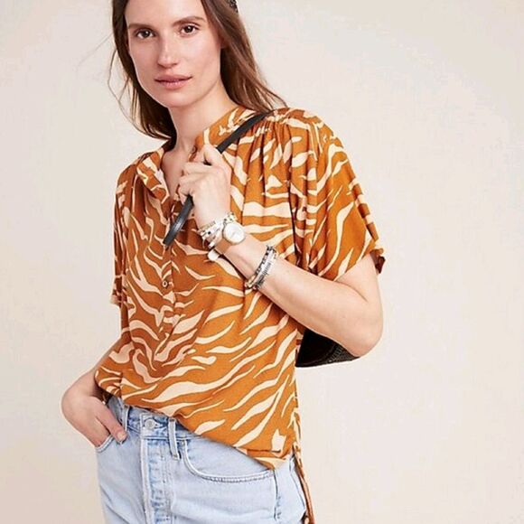 Anthropologie Tiger Stripe Blouse in Orange and Cream Size Xl - Picture 3 of 9